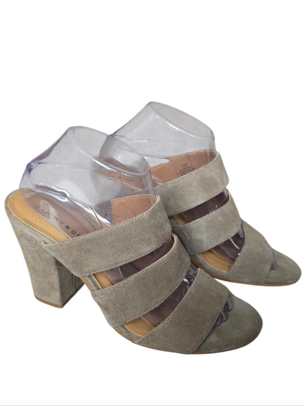 Lucky Brand Grayish Tan Suede Block Heel Sandals-Size 8.5